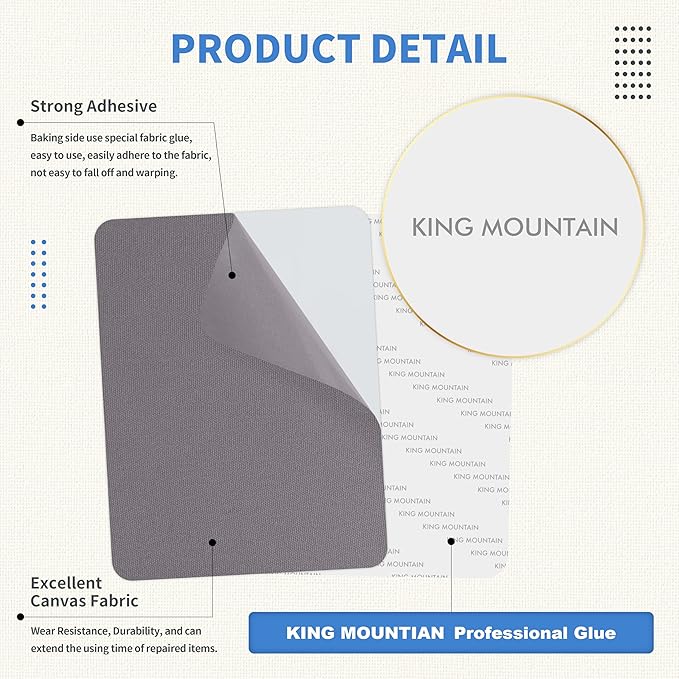KING MOUNTAIN Canvas Repair Patch 9 x11 Inch 2 Pcs Self-Adhesive Waterproof Fabric Patch for Sofas, Tents, Furniture,Tote Bags, Car Seats (Grey)