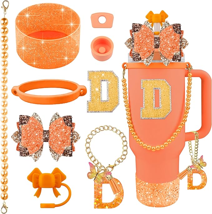 9PCS Orange for Stanley Cup Accessories Set Bling Initials Bow Charms for Stanley Decorations 30/40 Oz Tumbler Accessories Including Bow Straw Topper, Handle Strap, Spill Stopper（Letter D）