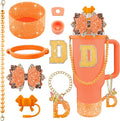 9PCS Orange for Stanley Cup Accessories Set Bling Initials Bow Charms for Stanley Decorations 30/40 Oz Tumbler Accessories Including Bow Straw Topper, Handle Strap, Spill Stopper（Letter D）