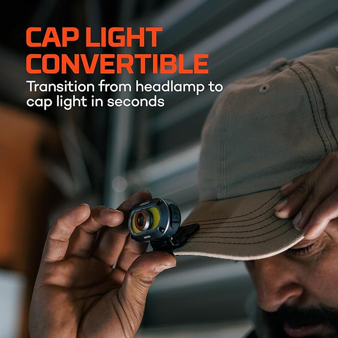 NEBO MYCRO 550+ Rechargeable Headlamp | 550 Lumens, 7 Light Modes, Water Resistant, Detachable Hat Clip, Super Bright Head Lamp for Camping & Hiking, Includes USB Charging Cable – Gray