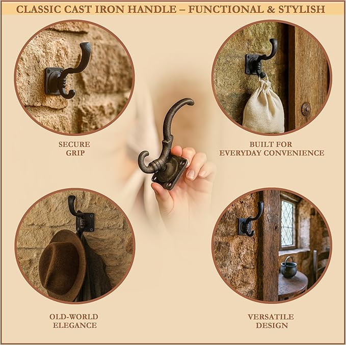 Mystic Colonial Medieval Wall Hooks Hand-Forged Black Coated | Rustic Heavy-Duty Hangers for Coats, Cloaks, Keys & Home Decor - Pack of 10
