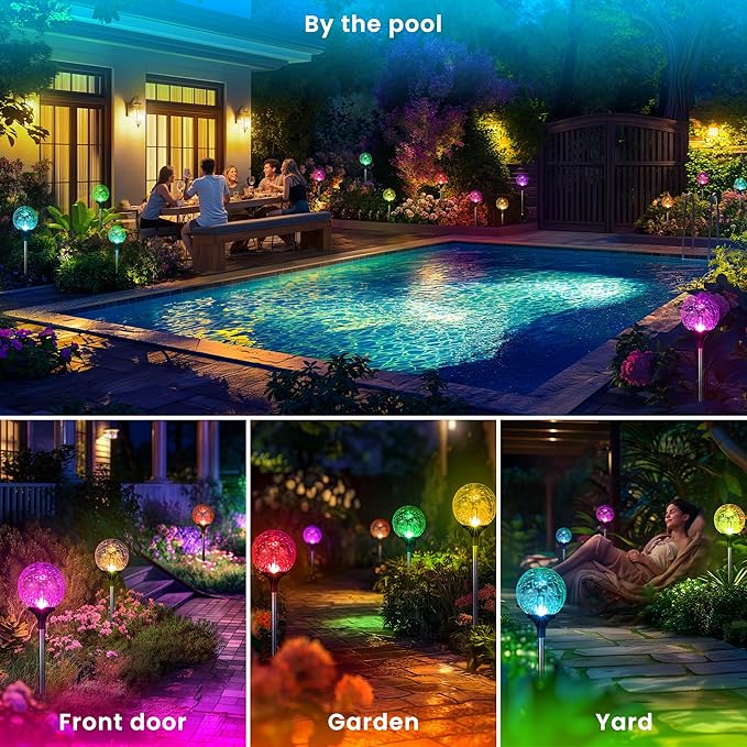 GIGALUMI Solar Garden Lights 3 Pack, Solar Lights Outdoor Decorative Waterproof, Outdoor Solar Lights for Yard Decorations, Multi-Colored Changing Garden Globe Cracked Glass Ball with LED Lights