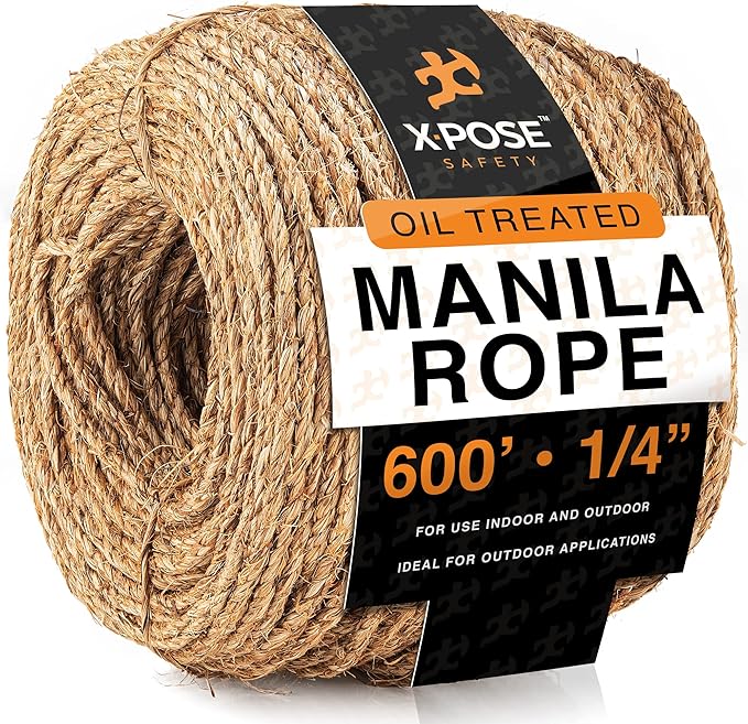 Manila Rope - 1/4 Inch 600' - 3 Strand Cordage Twisted Braided Rope - Thick Natural Fiber for Nautical, Marine, Decorative for Crafts, Porch Column, Outdoor Pole Wrap, Tree Swing