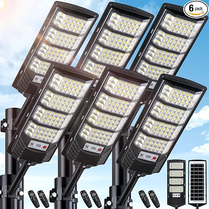 Yusist 6 Pack Solar Street Lights Outdoor Waterproof, 6500K LED Motion Sensor Lights, Dusk to Dawn Solar Flood Lights with Remote,Parking Lot Light,Commercial Area Lighting for Outside