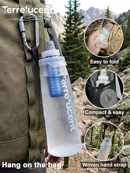 33.8 oz Collapsible Water Bottle with Filter, Squeeze Filtered Water Bottle, BPA-Free, Dual Filtration, Ultralight Water Filter System for Hiking, Camping, Backpacking (White, 33.8 OZ)