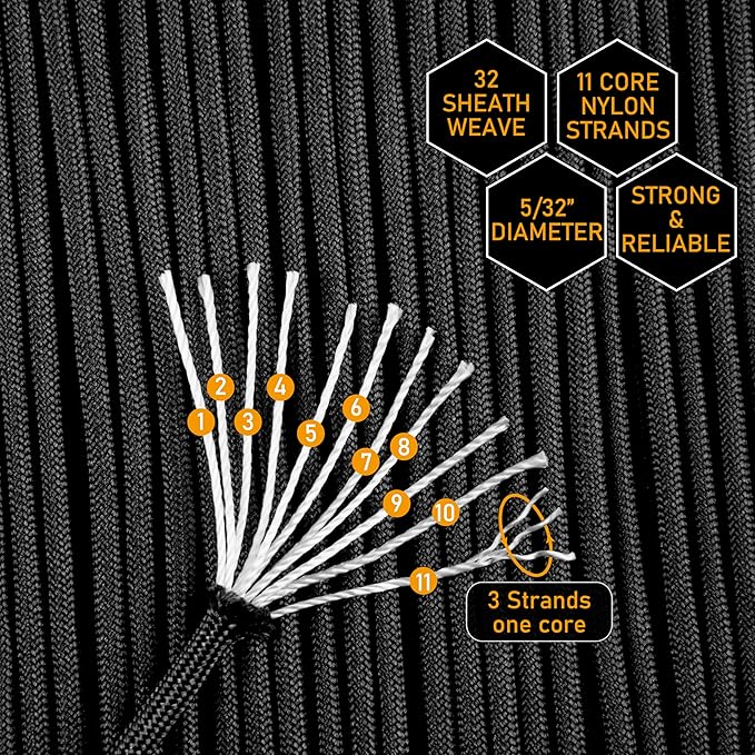 HERCULES 750lb Paracord 4mm 11 Strands Tactical Parachute Cord, 50' 100' 250' 1000' Utility Rope for Camping, Survival, Outdoor Gear (Black, 100FT)