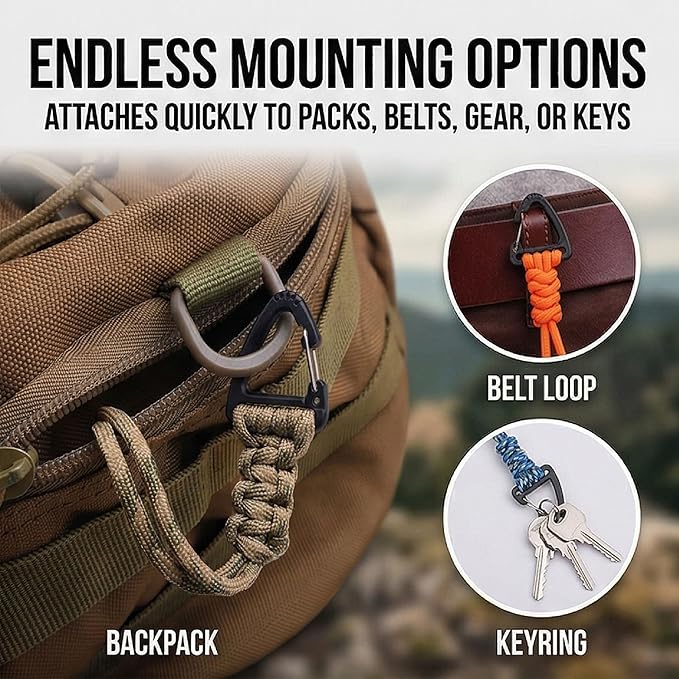 3-Pack Tactical Paracord Carabiner Keychain – Adjustable Rope Lanyard with Triangle Clip for Outdoor Survival, Camping, Hiking, EDC & Fishing Gear Accessories