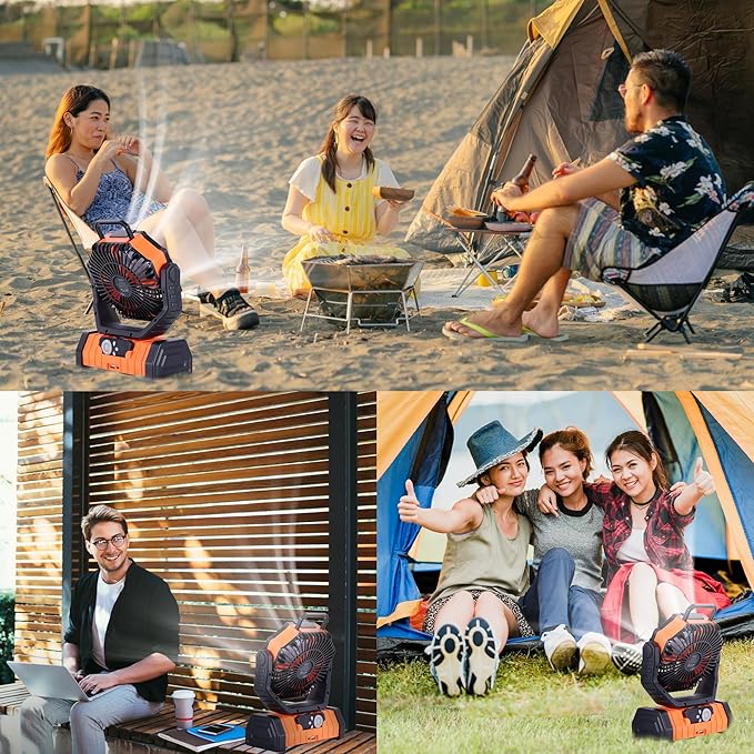20000mAh Emergency Battery Powered Fan & LED Light, Battery Operated Rechargeable Fan for Power Outage, Car Defrosting, Indoor Use with 360° Oscillating & Hook, 8H Timer, Portable Camping Fan