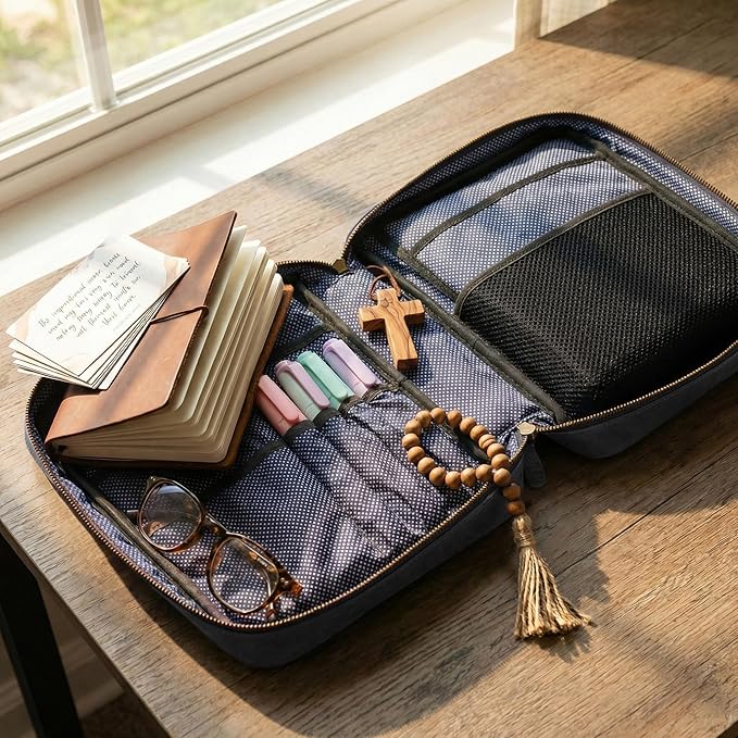 LEATHER VILLAGE Handmade Vintage Leather Bible Cover for Men & Women - Large Protective Bible Case & Organizer for Church, Travel & Study Christian Religious Antique Bookmark - Black