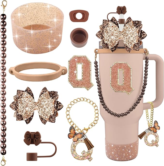 9PCS Brown for Stanley Cup Accessories Set Bling Initials Bow Charms for Stanley Decorations 30/40 Oz Tumbler Accessories Including Bow Straw Topper, Handle Strap, Spill Stopper（Letter Q）