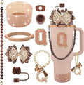 9PCS Brown for Stanley Cup Accessories Set Bling Initials Bow Charms for Stanley Decorations 30/40 Oz Tumbler Accessories Including Bow Straw Topper, Handle Strap, Spill Stopper（Letter Q）