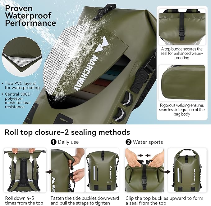 MARCHWAY Roll Top Waterproof Backpack, Floating Dry Bag 20L/30L/45L with Ergonomic Rectangular Base, Cushioned Back, Hip Strap for Hiking Camping Kayaking Travel (Army Green, 45L)