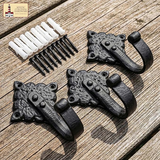 Mystic Colonial Rustic Cast Iron Wall Hooks Heavy Duty Vintage Utility Hooks for Hanging Coats, Towels, Bags, Robes, Hats & More Decorative Wall Mount Hooks, Pack of 10