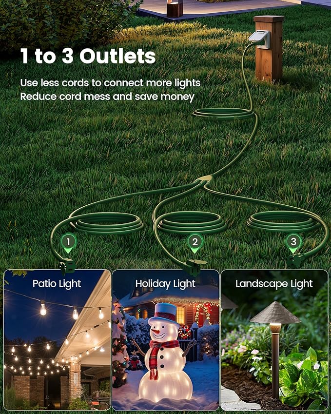 SURAIELEC Outdoor Extension Cord with Multiple Outlets, (15+10+10+10) 45FT Total, 25FT End to End, 1-3 Multi Plug Splitter, 16/3C SJTW, for Landscape, Christmas Lights, Halloween Decorations, Green