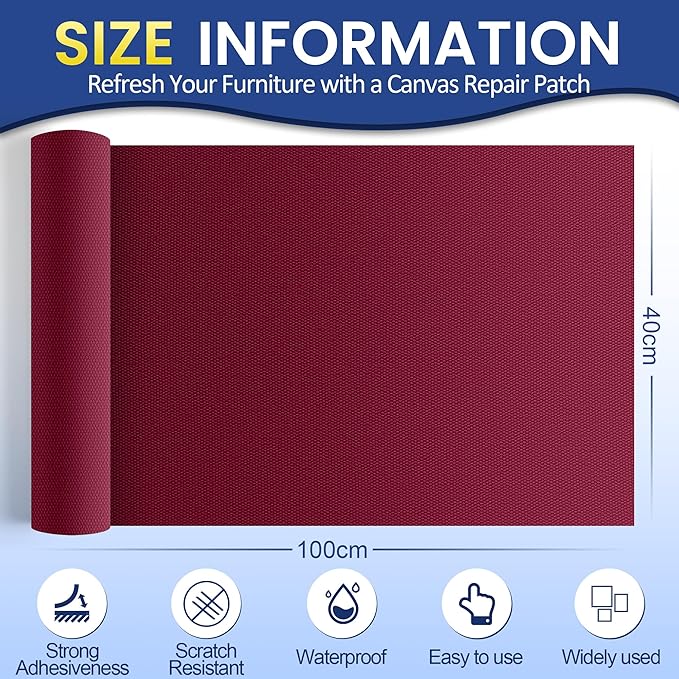 Self-Adhesive Canvas Repair Tape, 16" x 40" Waterproof Canvas Repair Patch, Fabric Patch Repairs Kit for Furniture, Tents, Sunbrellas, Boat Covers Awnings, Couches, Clothes, Bags Burgundy