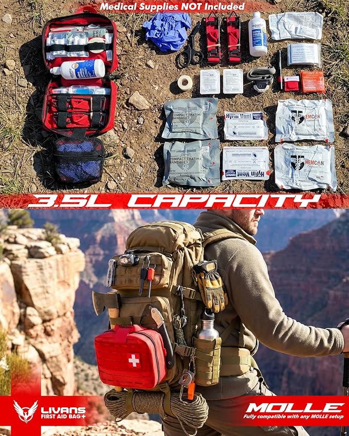 LIVANS Tactical Molle Medical Pouch - Upgraded Size, Large Capacity IFAK Pouch with Detachable Quick Release and Headrest Mount, Includes Flag and Cross Patch