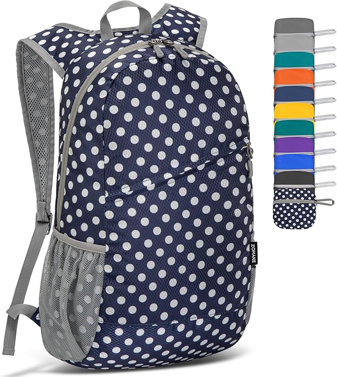ZOMAKE Lightweight Packable Backpack,Foldable Backpacks Small Daypack for Hiking Water Resistant Day Bag for Travel(Navy Blue,White polka dots)