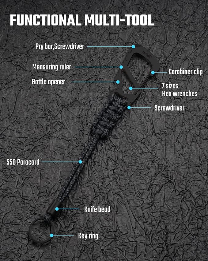 KeyUnity KC04 Paracord Keychain Carabiner Clip, Braided Lanyard with Stainless Steel Key Ring and Bead for Hanging Bottles