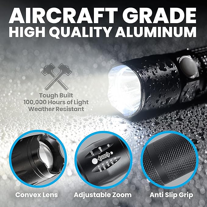 TacLight 3 Pk Tactical Flashlights High Lumens 40x Brighter than Regular Flash Light, SoS Strobe, Zoomable, Aircraft Grade Heavy Duty, Waterproof, Battery Powered, for Emergencies Power Outage Camping