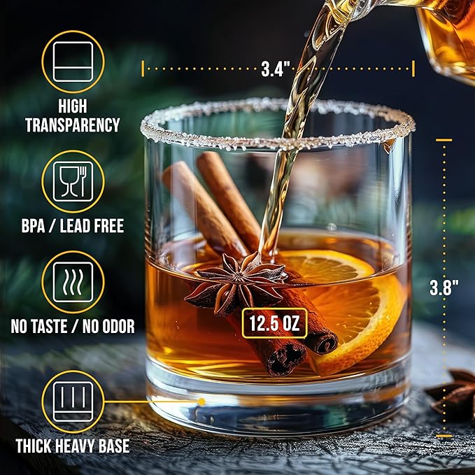 Bravario Unbreakable Whiskey Glasses, Plastic Rocks Glasses — 12.5 oz Clear Dishwasher Safe Tritan Old Fashioned Drinkware, Shatterproof BPA-Free Bourbon Cocktail Set of 4