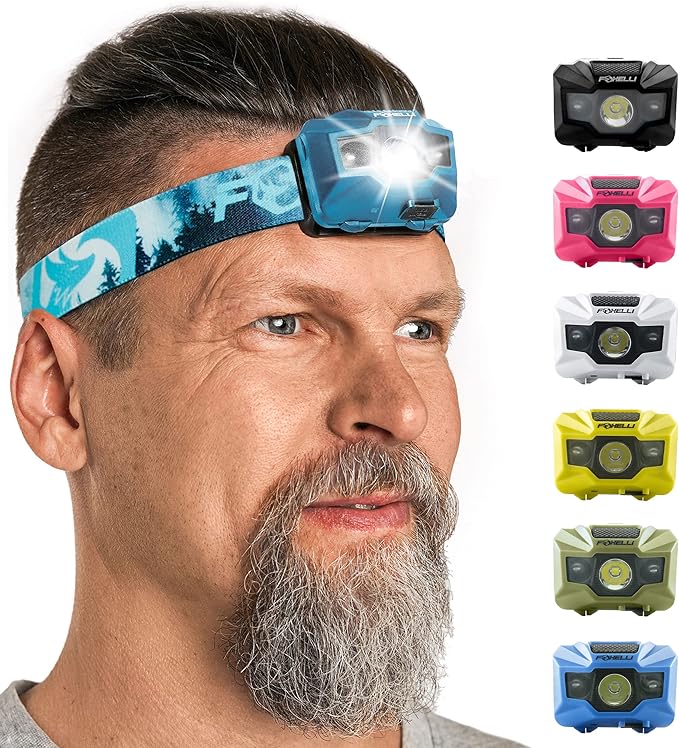 Foxelli USB‑C Rechargeable LED Headlamp – Ultra‑Light 2.4 oz & Bright 180 Lumens – Red/White Light, 5 Modes, IPX5 Waterproof, 40 h Runtime for Trail Running, Camping, Hiking
