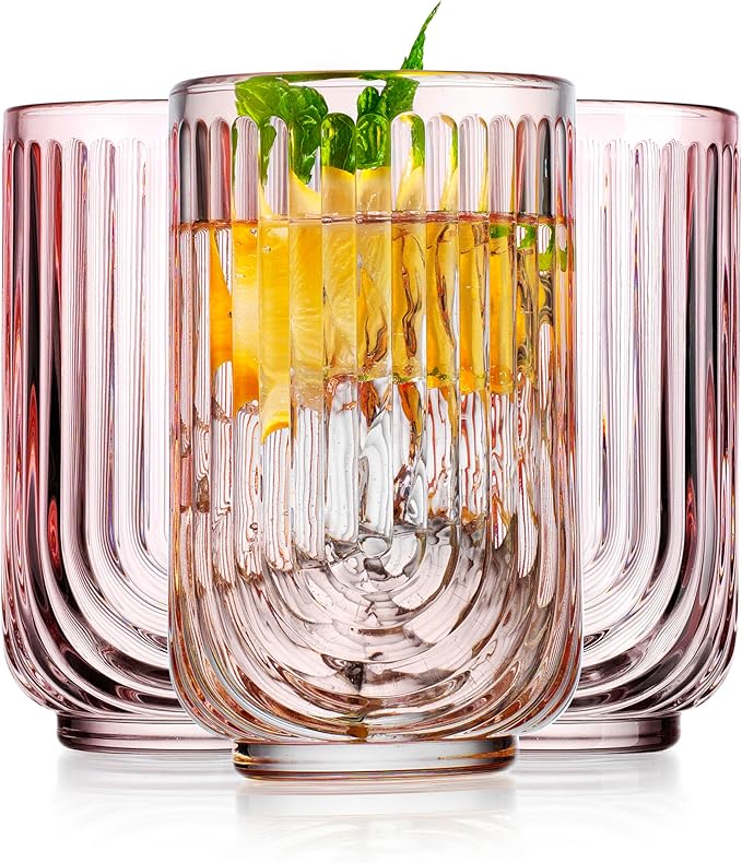 Glaver's Vintage Glassware Art Deco Glasses Ribbed Drinking Glasses U-Shape Arch Design Colored Cocktail Kitchen Tumblers Everyday Dinner Decorative Party (Pink S/4 17oz)