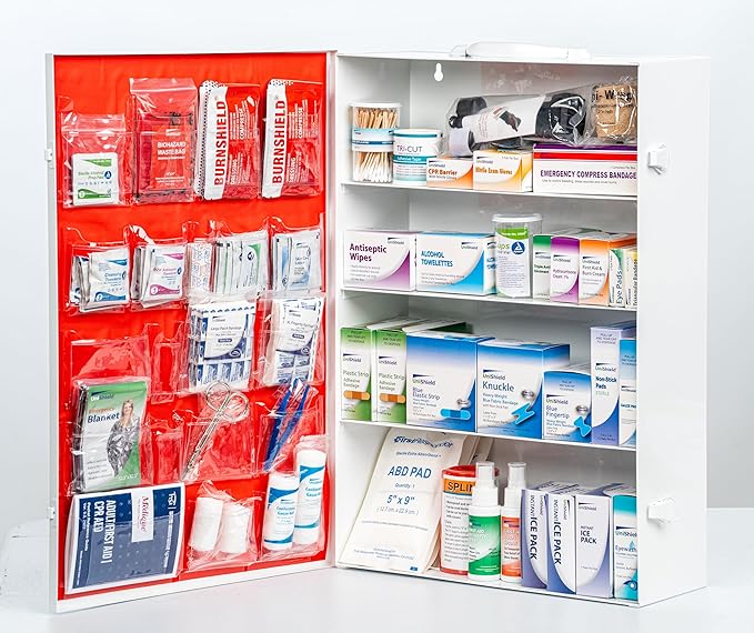 4-Shelf Restaurant Metal 1st Aid Cabinet Class B, Large Capacity First Aid Wall Mount Medicine Cabinet, Secure Metal Med Box with Easy Access, Exceeds OSHA/ANSI Z308.1 2015, Over 750 Pieces