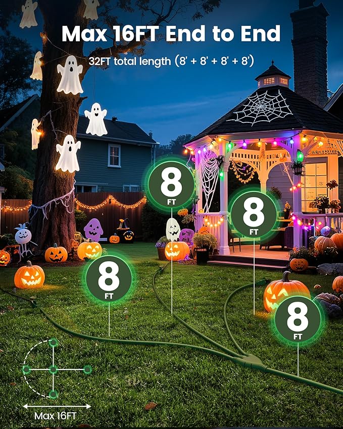 SURAIELEC Outdoor Extension Cord with Multiple Outlets,1-3 Multi Plug Splitter, (8+8+8+8) 32FT Total, 16FT End to End, 16/3C SJTW, for Landscape, Christmas Lights, Halloween Decorations, Green