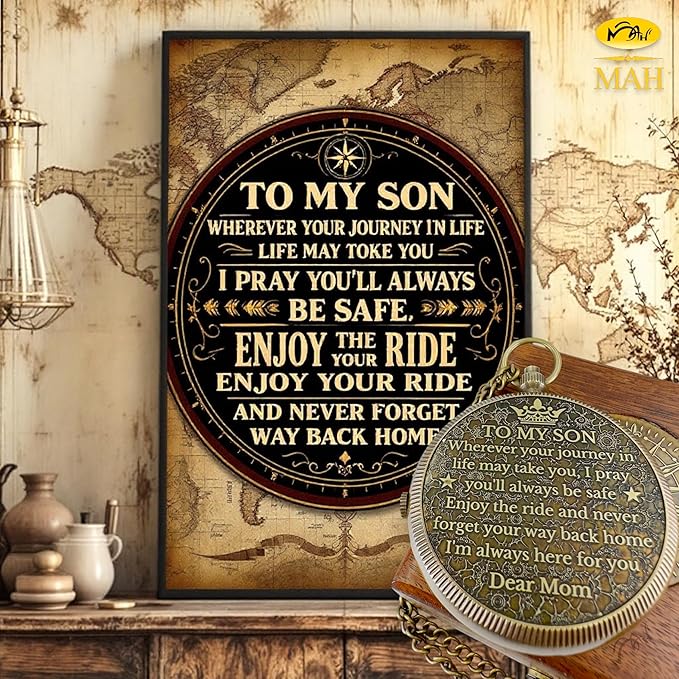 Brass Compass Gift to My Son Never Forget I Love You, Sentimental Keepsake from Mom Dad Grandparents, Inspirational Guidance Compass Gift for Son Graduation Birthday Baptism Confirmation Gift Idea