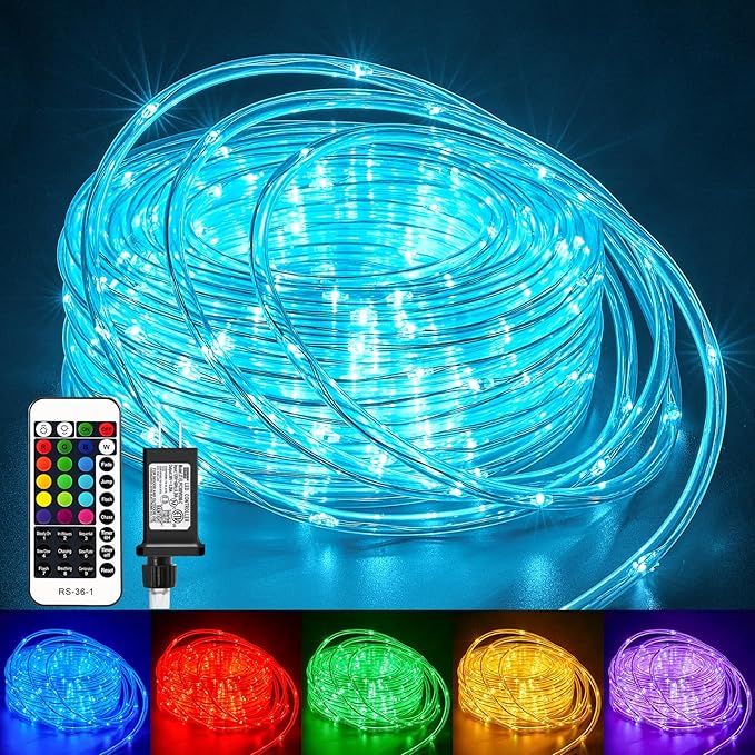 Minetom Color Changing Rope Lights Outdoor, 33FT 100 LED String Lights with Plug & Remote, Waterproof Christmas Light Outdoor Decoration, Twinkle LED Rope Light for Outside Indoor Bedroom,16 Colors