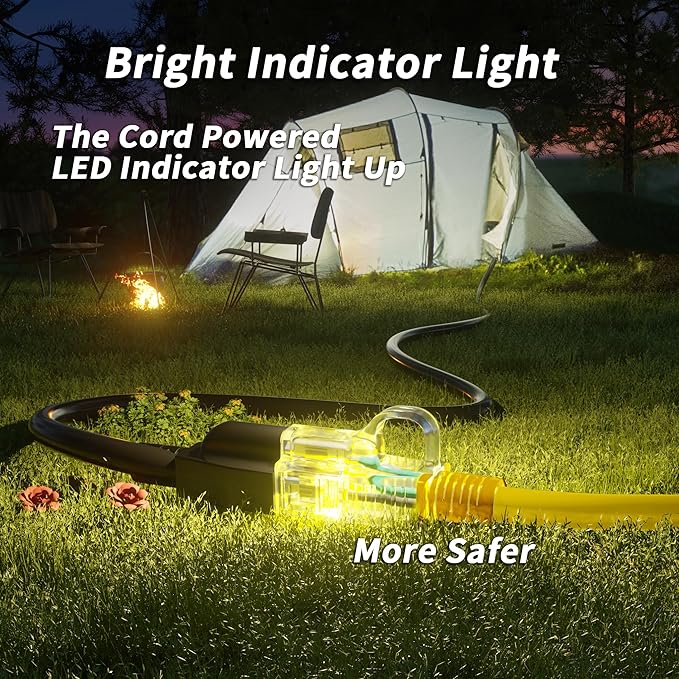 PlugSaf 14/3 Gauge Yellow Outdoor Extension Cord 75 ft Waterproof with Lighted Indicator, Cold Weatherproof -40°C, Flexible 3 Prong Extension Cord Outside,13A 1625W 14AWG SJTW, ETL Listed
