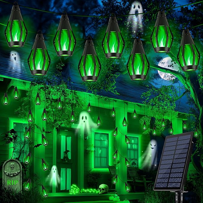 iBaycon Solar Halloween Lights, 27Ft 10 LED Bulbs Flickering Flame String Light, Outdoor Waterproof Solar Flame Lights for Garden Yard Patio Halloween Decorations (Green)