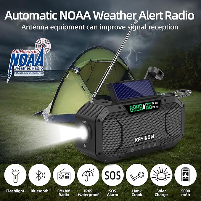 Solar Hand Crank Emergency Radio with Waterproof,Portable AM FM NOAA Weather Radio, Rechargeable 5000mAh/18500mWh Battery Power, Wind Up Flashlight Phone Charger, SOS,Survival Storm Hurricane