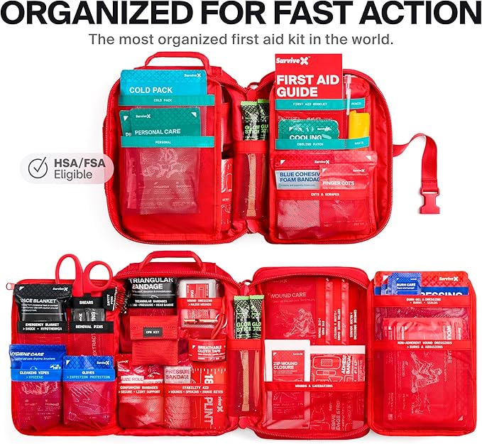 SurviveX Large Pro First Aid Kit for Car, Travel & Home - Emergency Kit for Hiking, Camping, Backpacking and Outdoors - Includes Zip Stitch Wound Closure Strips