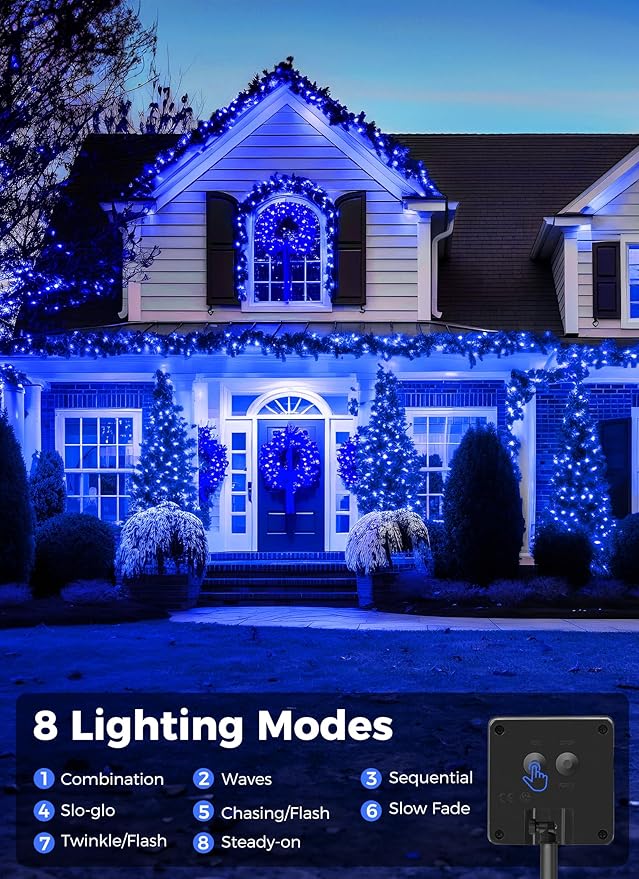 Minetom Solar String Lights Outdoor, 40FT 100 LED String Lights Solar Powered with 8 Lighting Modes, Waterproof Solar Patio Lights, Solar String Lights for Outside Tree Yard Halloween Decoration, Blue