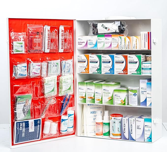 4-Shelf Restaurant Metal 1st Aid Cabinet Class B, Large Capacity First Aid Wall Mount Medicine Cabinet, Secure Metal Med Box with Easy Access, Exceeds OSHA/ANSI Z308.1 2015, Over 1250 Pieces