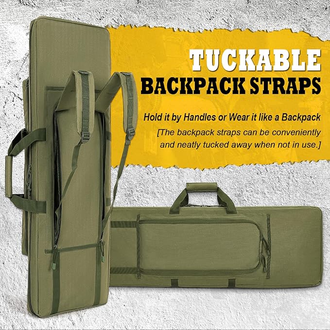 DULCE DOM 36 42 48 Inch Double Rifle Case, Tactical Soft Padded Backpack for Hunting & Shooting Range, Heavy-Duty Storage Gun Bag for 2 Rifles & Pistols with Lockable Zippers & MOLLE System