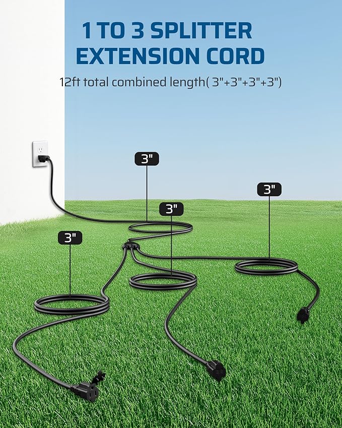 DEWENWILS Outdoor Extension Cord 1 to 3 Splitter, Total 12FT, 13A 125V 1625W 16/3C SJTW Extension Cord Outdoor, Heavy Duty Extension Cord for Holiday Decorations, Outdoor String Light, ETL