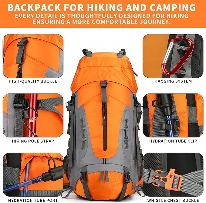 75L Hiking Backpack with Rain Cover Waterproof Camping Backpack Shoes Warehouse for Men Women, Frameless