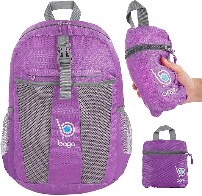 Bago Lightweight Small Hiking Backpack for Women and Men - 25L Travel Day Pack - Foldable Hiking Daypack Ultralight for Camping Outdoor Sports - Day Bag Packable Backpack for Travel (Purple)