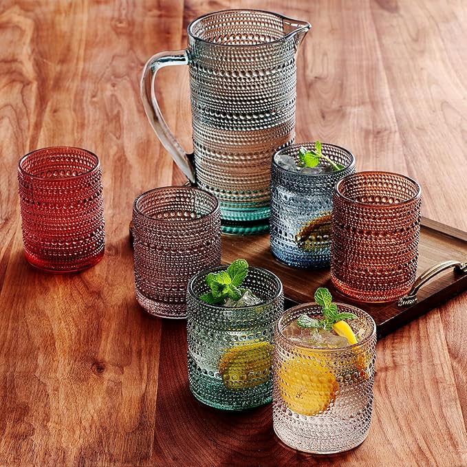 Khen Hobnail Beaded Pitcher & Tumbler Glasses Set | Set of 6 Glasses & Carafe| Vintage 11 OZ Lowball & 2.4 Litter Glass Muted Bubble Design, Old-Fashioned, Embossed Design - Water, Wine, Cocktail