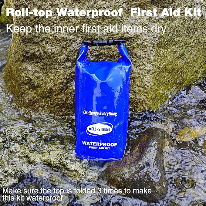 Boat First Aid Kit Waterproof, WELL-STRONG Marine Emergency Kit with Roll Top Dry Bag for Boating Fishing Kayaking – Water-Resistant Contents for Camping & Beach（Blue）