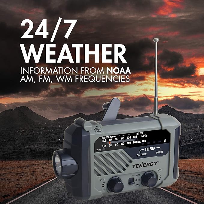 Tenergy Multifunctional Hand Crank Weather Radio with LED Flashlights, SOS Alarm, Cell Phone Charger, AM/FM/NOAA Radio Frequencies, Ideal for Emergencies