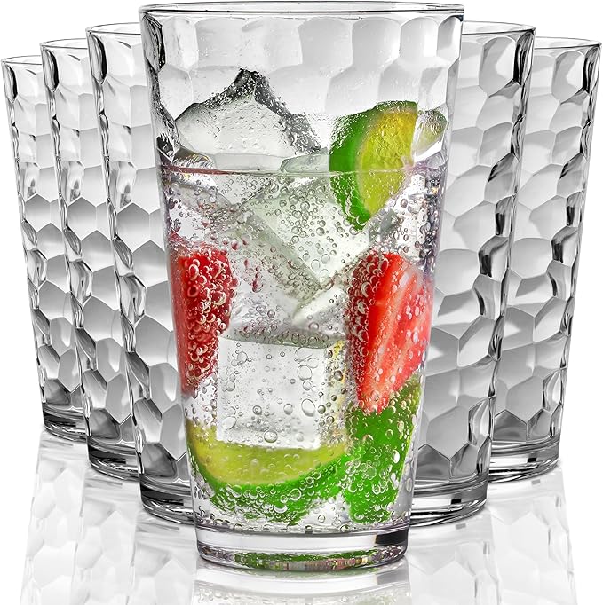 Bravario Hammered Plastic Drinking High Tumbler, Dishwasher-Safe Premium Quality Glasses, BPA-Free Reusable Outdoor Cups, 22 oz Set of 6
