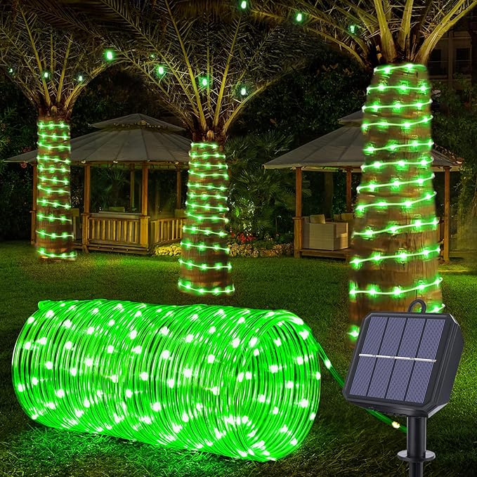 Solar Rope Lights, 66ft 200LED Solar String Lights, 8 Modes Waterproof Solar Powered Outdoor Light, Flexible Clear Tube Light for Garden Backyard Patio Deck Porch Pool Tree Christmas Decoration -Green