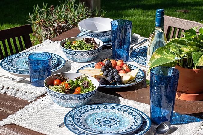 Fizz Bubbles Durable Acrylic 8-Piece Indoor/Outdoor Drinkware Set with Four 24 oz Jumbo Glasses and Four 17 oz Double Old Fashioned Glasses, Shatter-Resistant, Dishwasher-Safe - Blue
