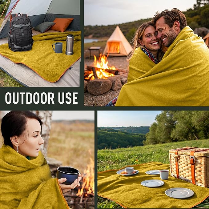 Large Military Wool Blanket - Warm & Thick Emergency Survival Blanket Great for Camping, Outdoors, Sports Events, Picnics, 4.5 lbs, 64" x 88" (Ochre Yellow)