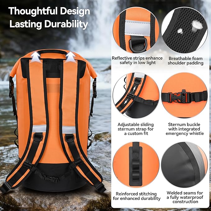 MARCHWAY Floating Roll Top Dry Bag, Flexible Lightweight TPU Waterproof Backpack 20L/30L/40L with Padded Straps for Boating, Kayaking, Swimming, Hiking, Beach (Orange, 30L)