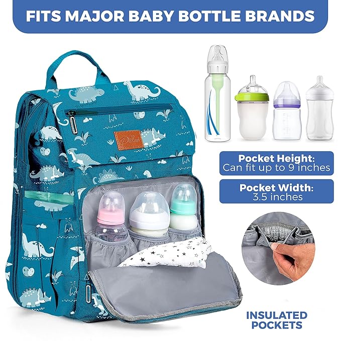 PILLANI Baby Diaper Bag Backpack - Large Waterproof Travel Diaper Bag for Boys & Girls, 16 Organizer Pockets with Changing Pad, Insulated Bottle Pockets & Stroller Straps, Baby Shower Gifts, Dinosaur