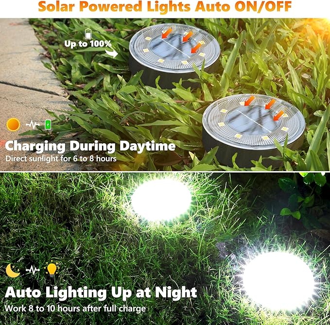 Joomer Solar Ground Lights, 16 Pack 8 LED Solar Lights Outdoor IP68 Waterproof Disc Light In-Ground Landscape Lighting Outdoor for Patio Pathway Lawn Yard Driveway Walkway (White)